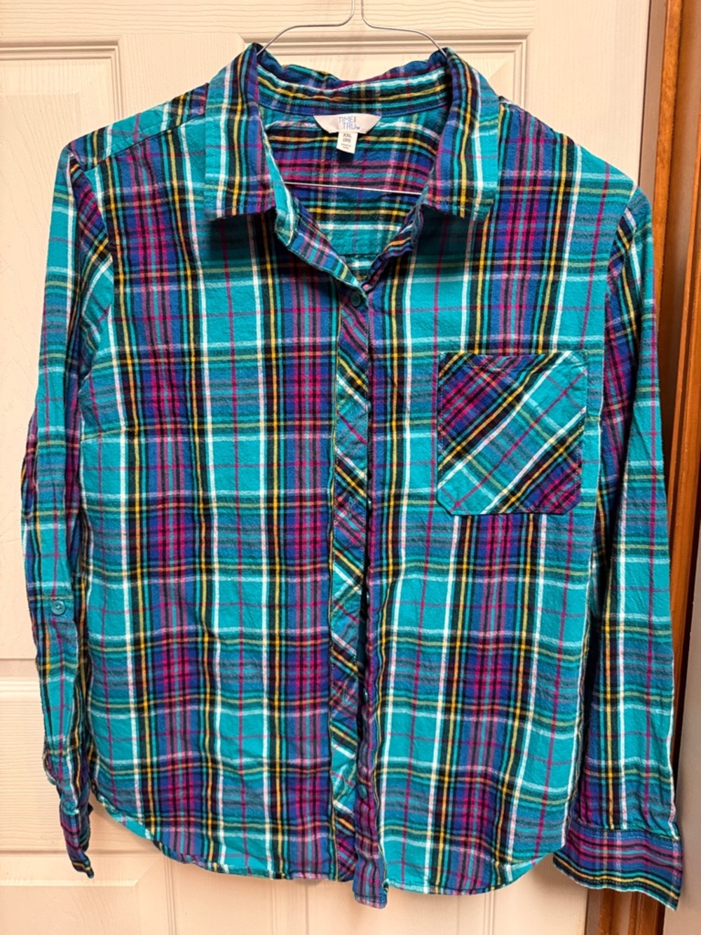 Time and Tru Turquoise Plaid Button-Down Shirt